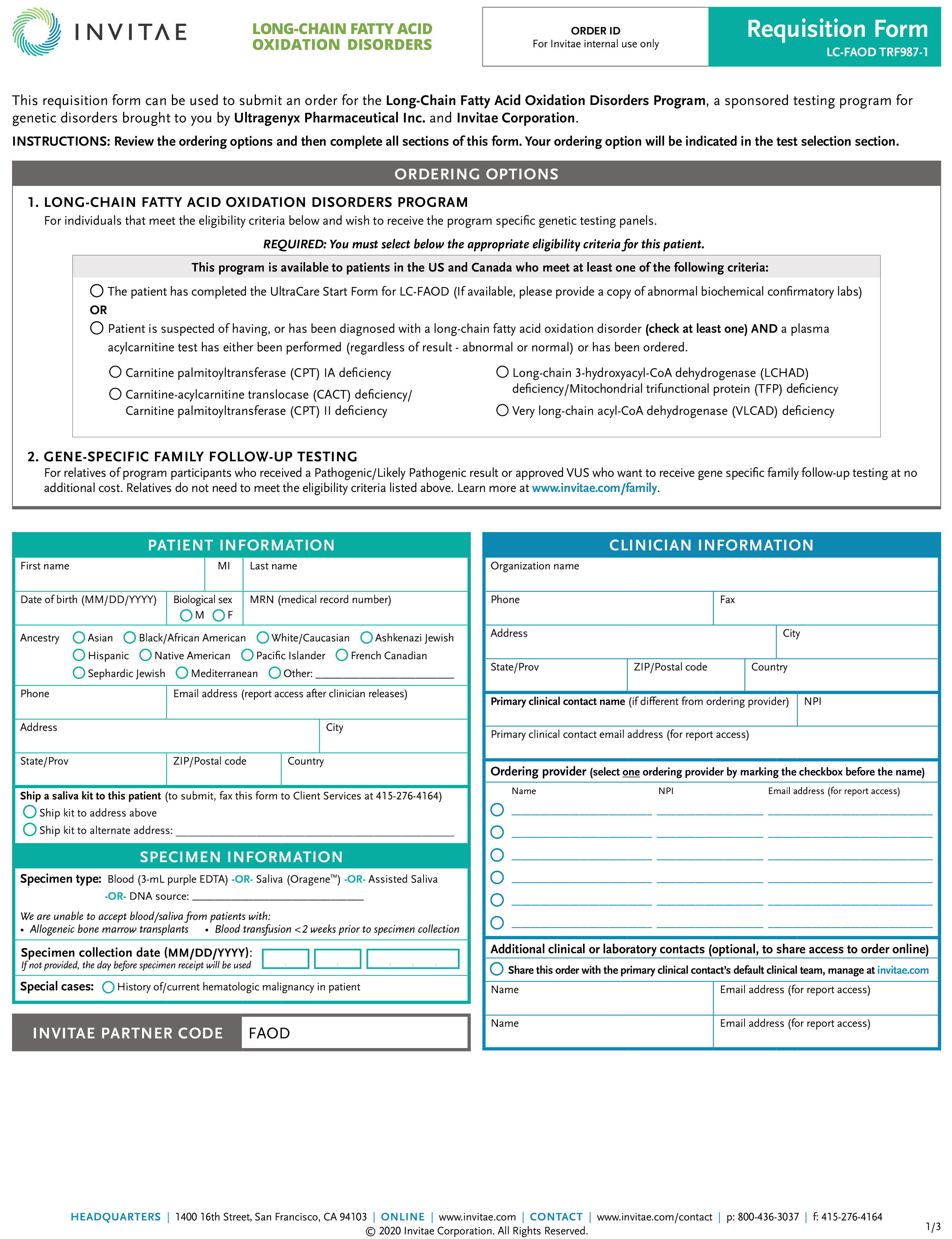 Front cover of sponsored LC-FAOD genetic testing requisition form download